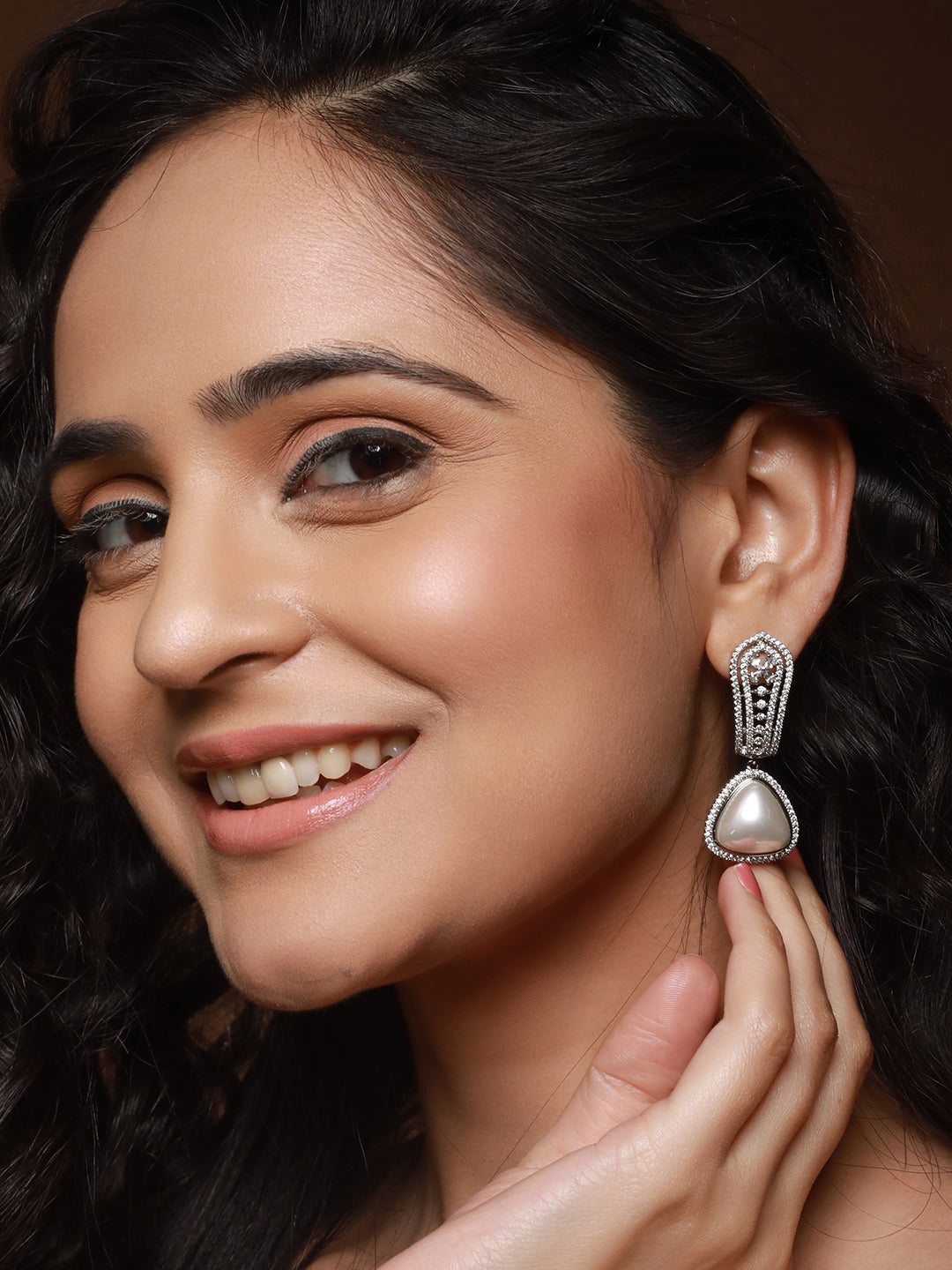 Silver Toned Zircon Studded Triangular Pearl Beaded  Handcrafted Bali Hoop  Earrings